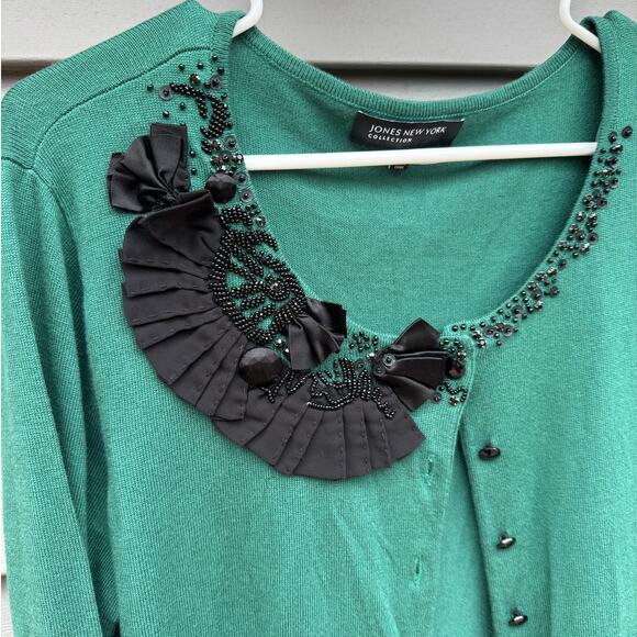 Jones New York XL Green Button Front Cardigan Black Chiffon Sequin Bead - Picture 3 of 9